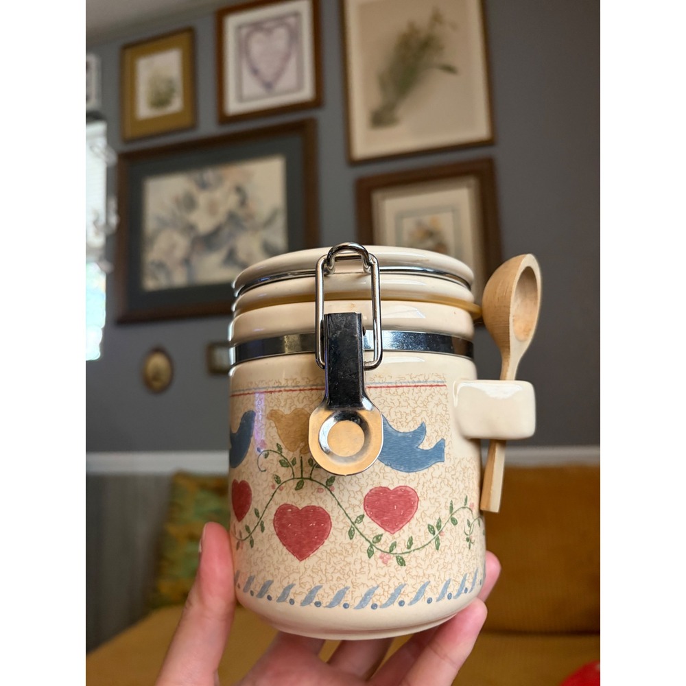 Vintage The Cook's Bazaar Country Cottage Ceramic Canister with Wooden Spoon